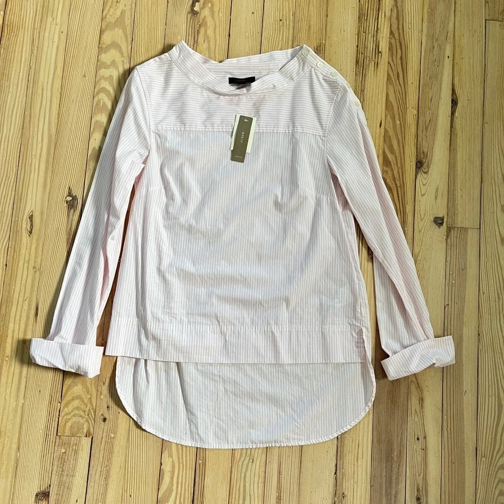 J.Crew Pink Stripe Funnel Neck Poplin Popover Button Shoulder HighLow Longsleeve